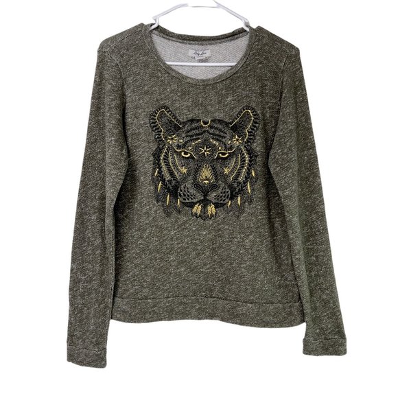 Lucky Lotus Green Marled Embroidered Tiger Crewneck Pullover Sweatshirt Small - Picture 1 of 5